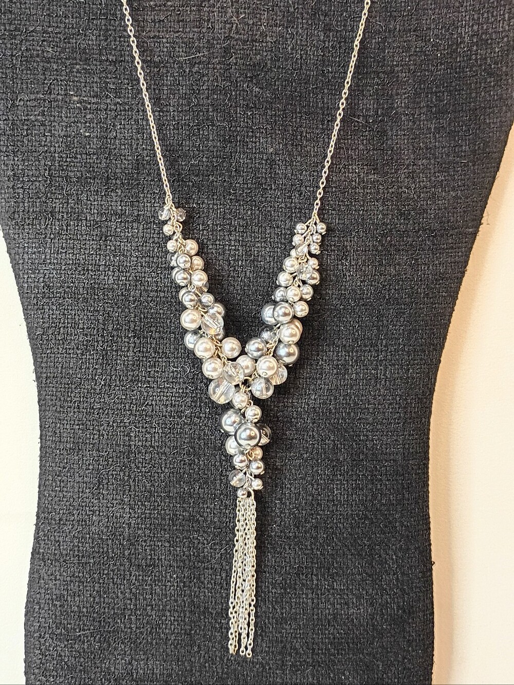 Kenneth Cole Silver Faux Pearl Cluster Tassel Necklace